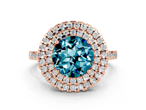 Rose gold Double Halo Round Cut Blue Topaz Pavé Band with Four-Prong Setting