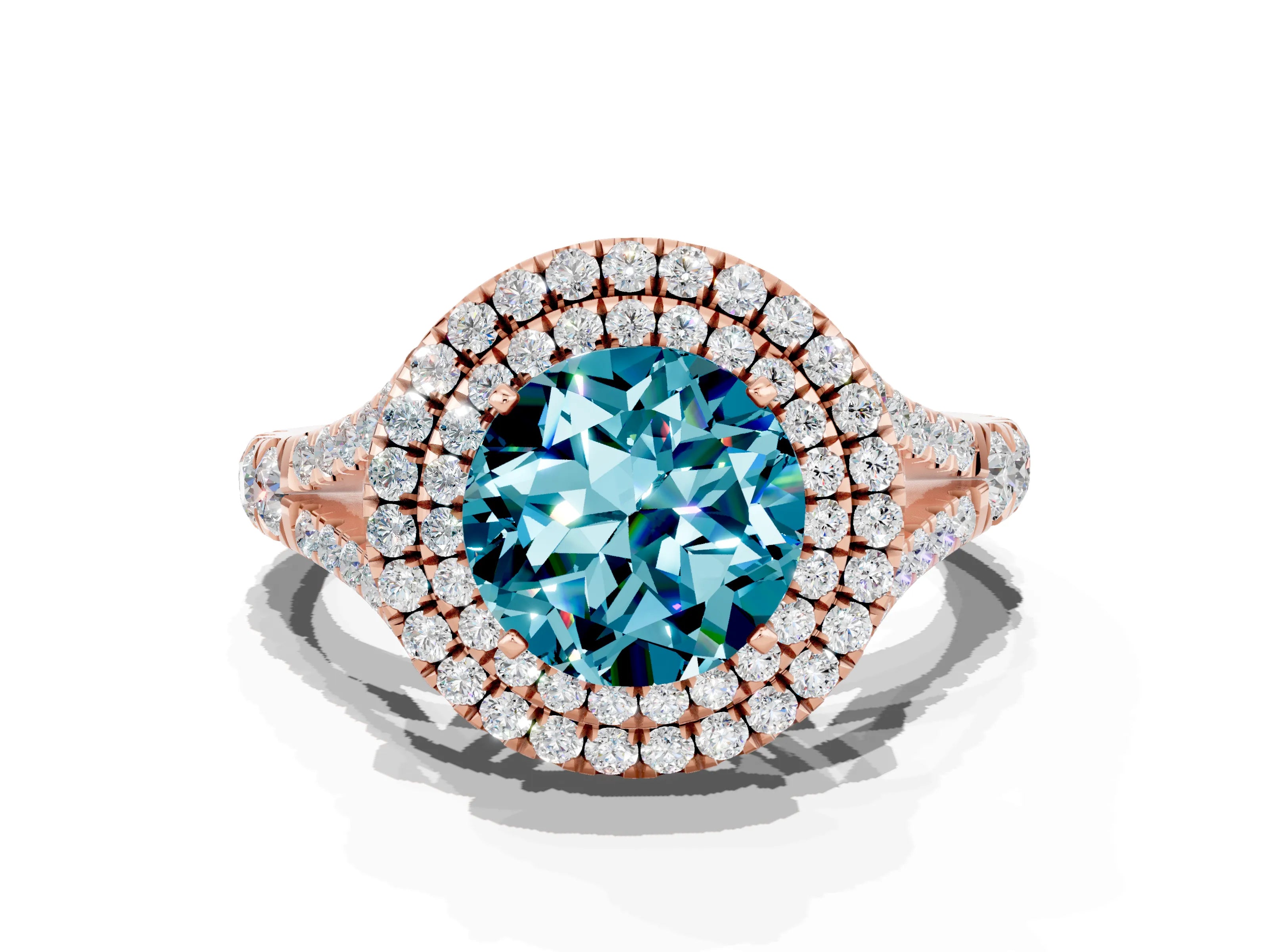 Rose gold Double Halo Round Cut Blue Topaz Pavé Split Shank Ring with Prong Setting