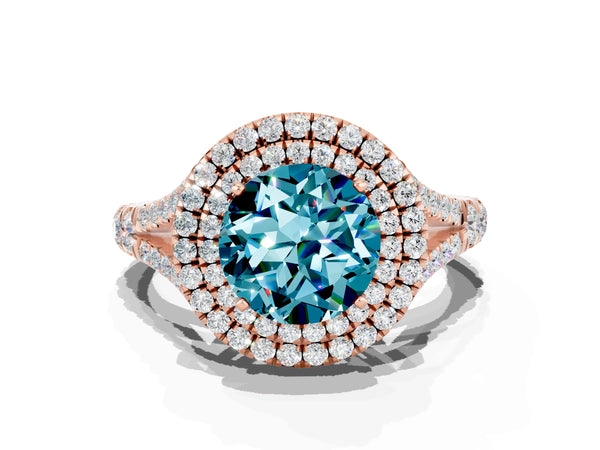 Rose gold Double Halo Round Cut Blue Topaz Pavé Split Shank Ring with Prong Setting
