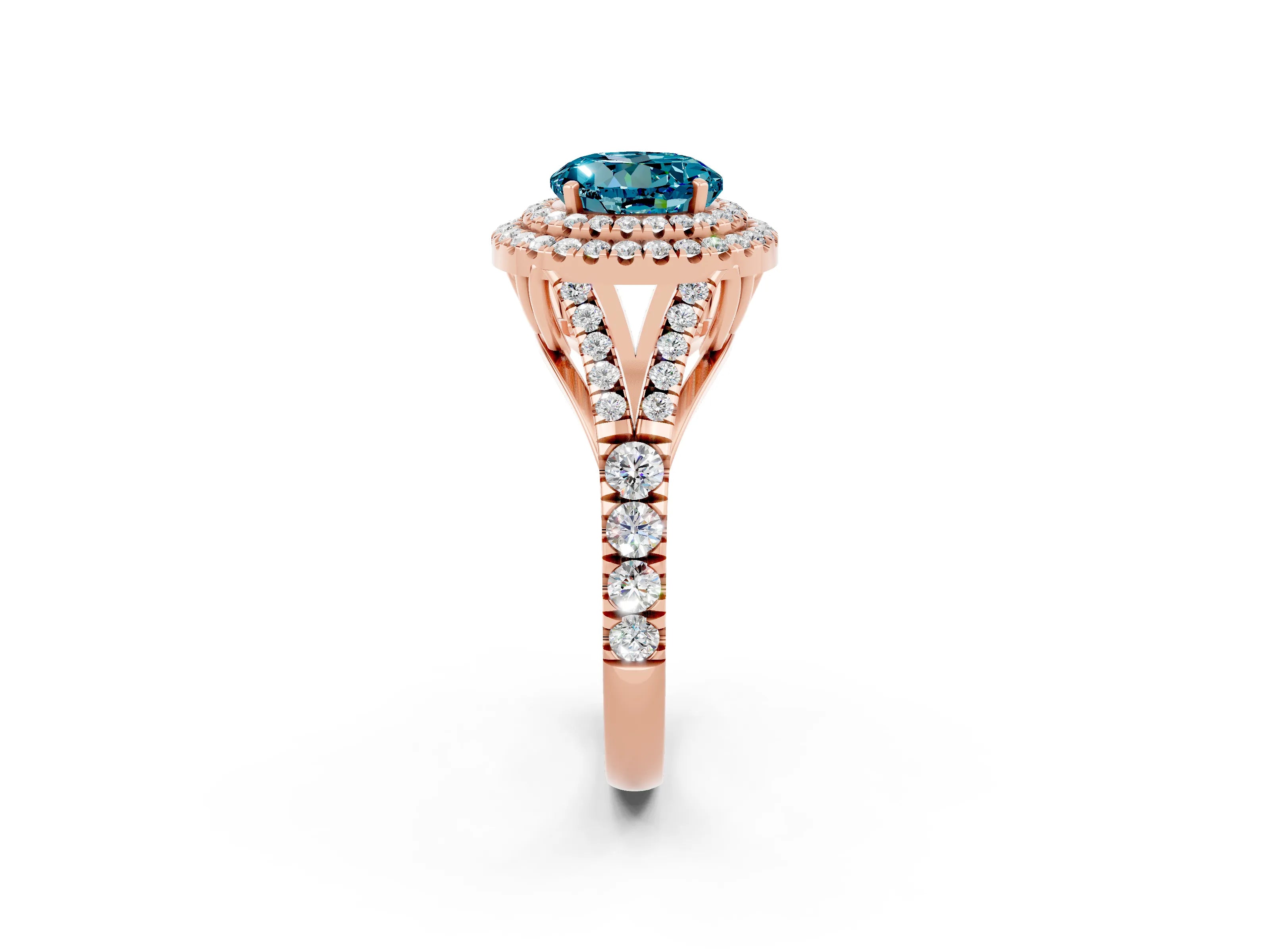 Rose gold Double Halo Round Cut Blue Topaz Pavé Split Shank Ring with Prong Setting_2