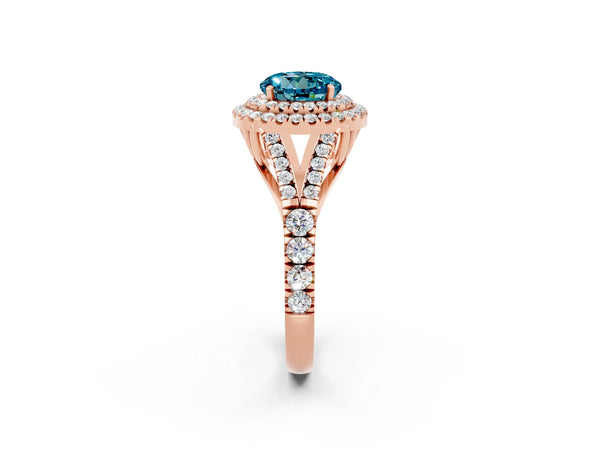 Rose gold Double Halo Round Cut Blue Topaz Pavé Split Shank Ring with Prong Setting