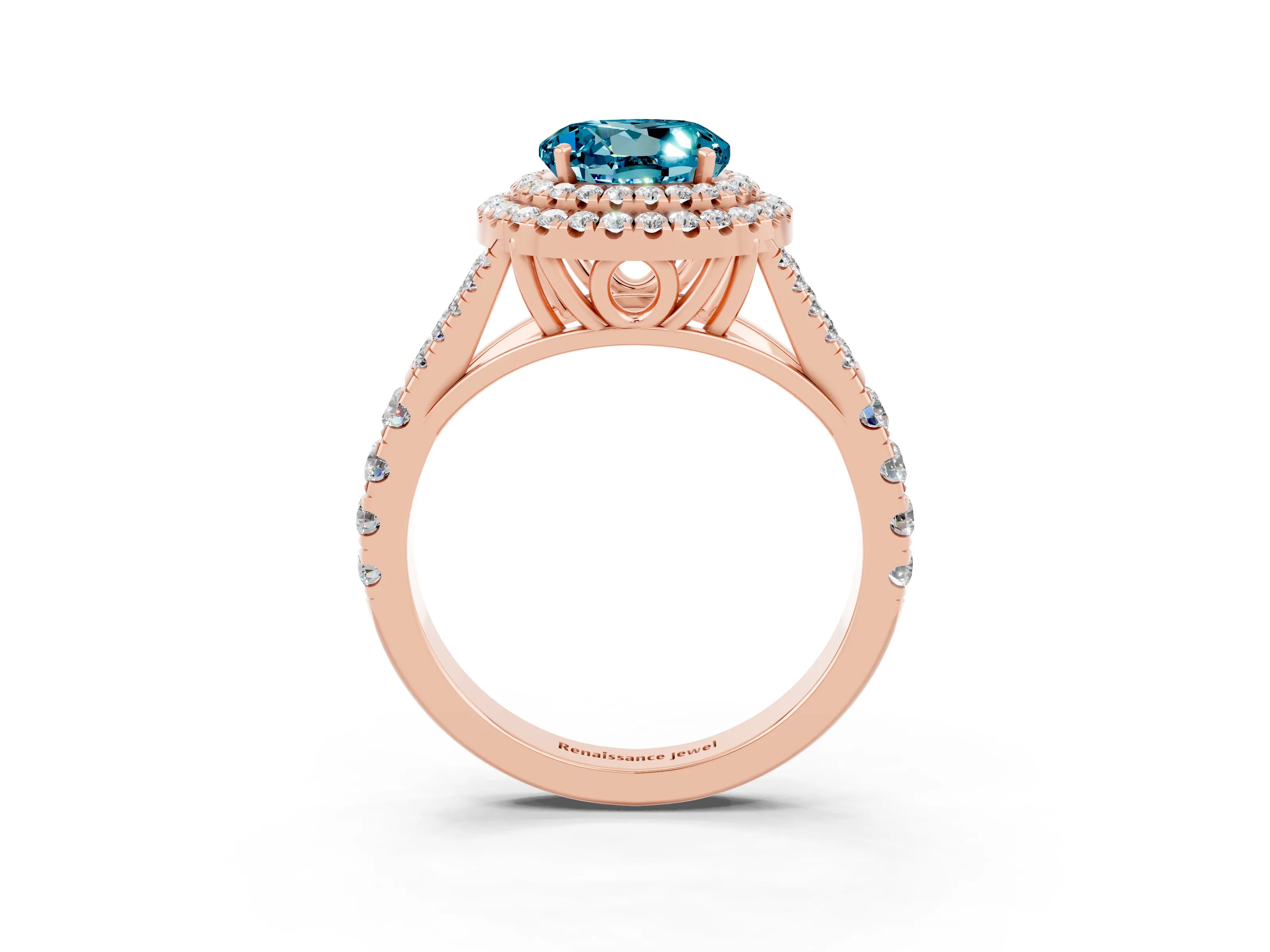 Rose gold Double Halo Round Cut Blue Topaz Pavé Split Shank Ring with Prong Setting_3