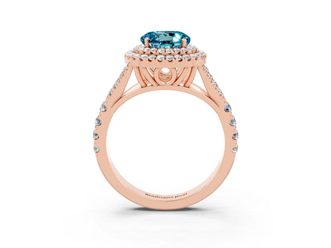 Rose gold Double Halo Round Cut Blue Topaz Pavé Split Shank Ring with Prong Setting_3