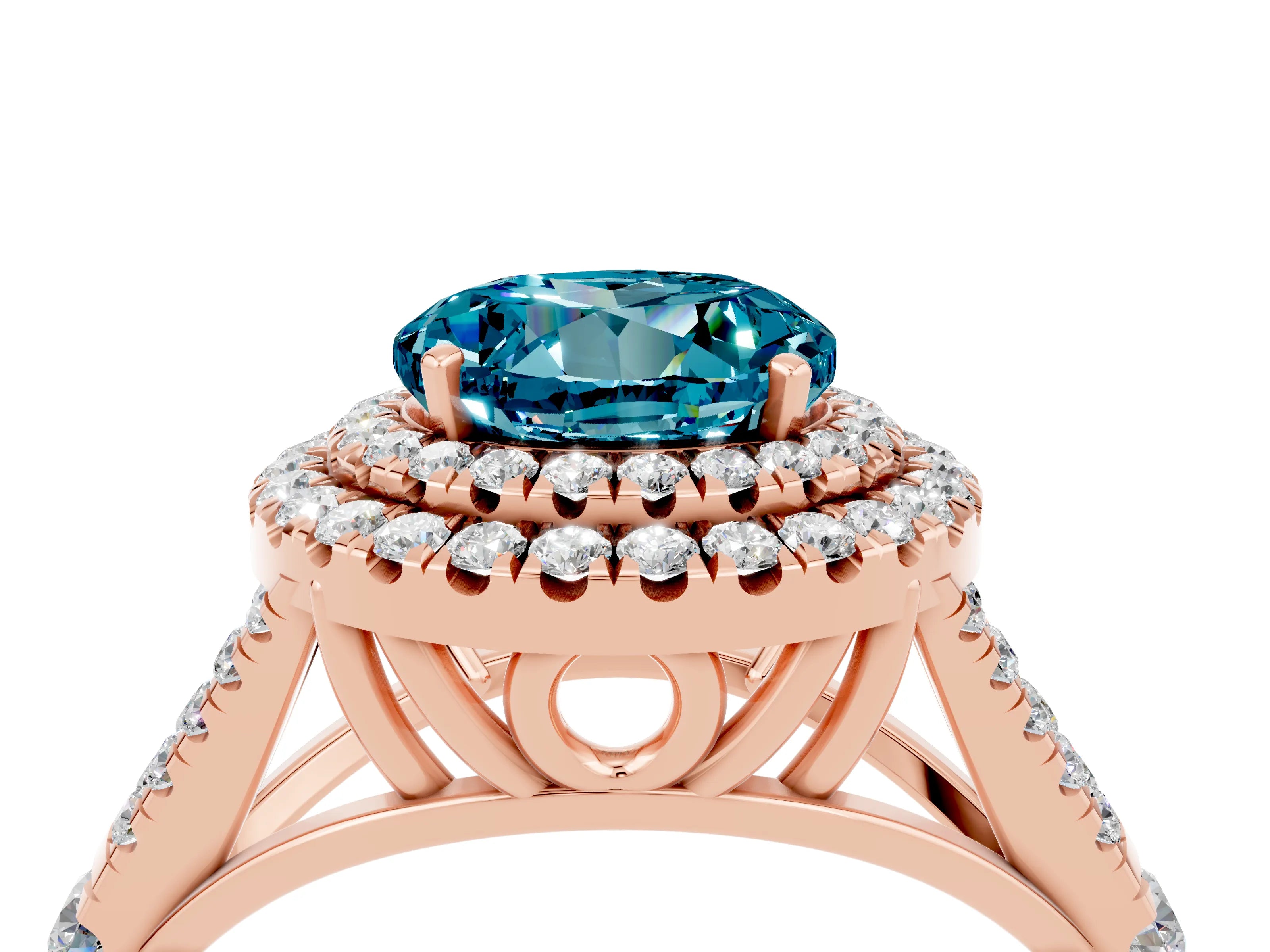 Rose gold Double Halo Round Cut Blue Topaz Pavé Split Shank Ring with Prong Setting_4