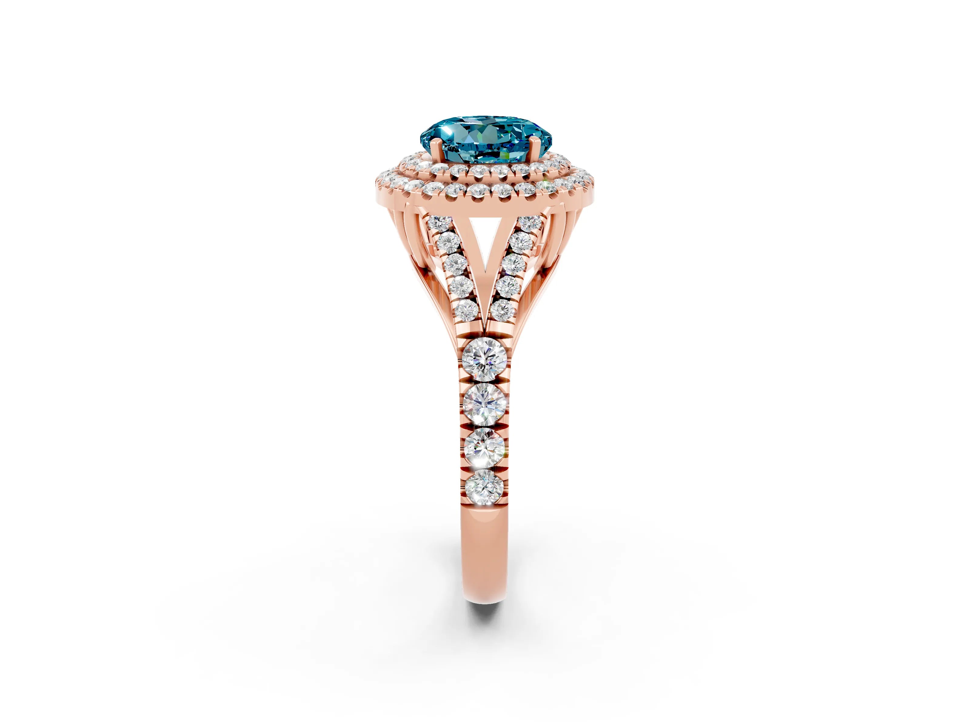 Rose gold Double Halo Round Cut Blue Topaz Split Shank Engagement Ring with Four-Prong Setting_2