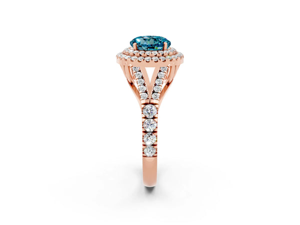 Rose gold Double Halo Round Cut Blue Topaz Split Shank Engagement Ring with Four-Prong Setting