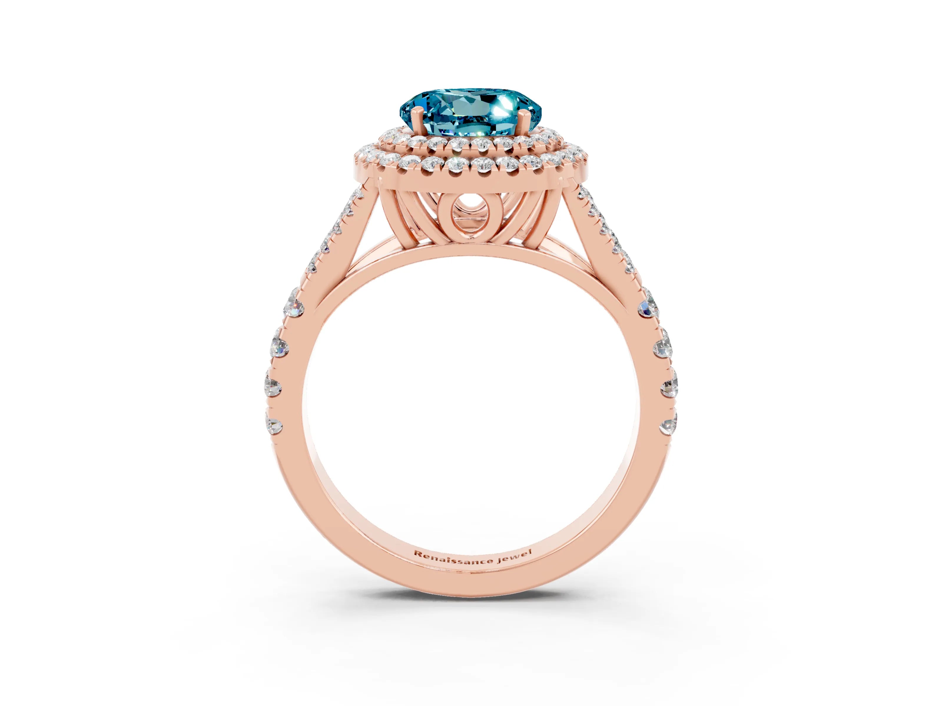 Rose gold Double Halo Round Cut Blue Topaz Split Shank Engagement Ring with Four-Prong Setting_3