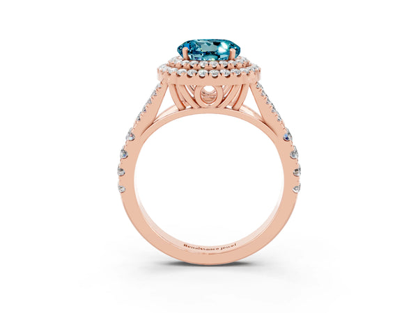Rose gold Double Halo Round Cut Blue Topaz Split Shank Engagement Ring with Four-Prong Setting