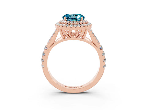 Rose gold Double Halo Round Cut Blue Topaz Split Shank Engagement Ring with Four-Prong Setting_3