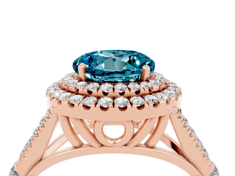Rose gold Double Halo Round Cut Blue Topaz Split Shank Engagement Ring with Four-Prong Setting_4