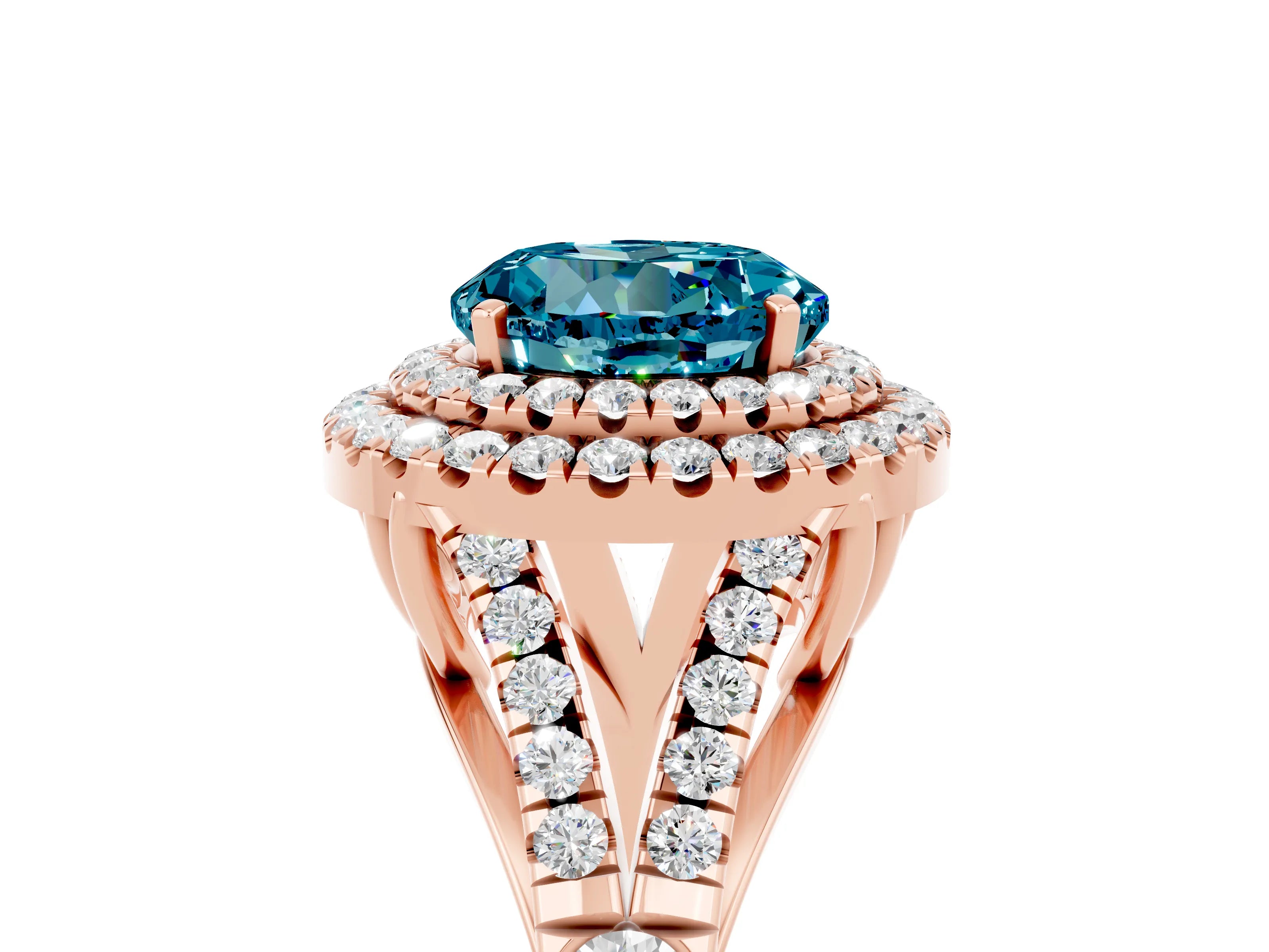 Rose gold Double Halo Round Cut Blue Topaz Split Shank Engagement Ring with Four-Prong Setting_5