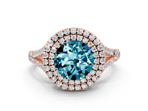 Rose gold Double Halo Round Cut Blue Topaz Split Shank Engagement Ring with Four-Prong Setting