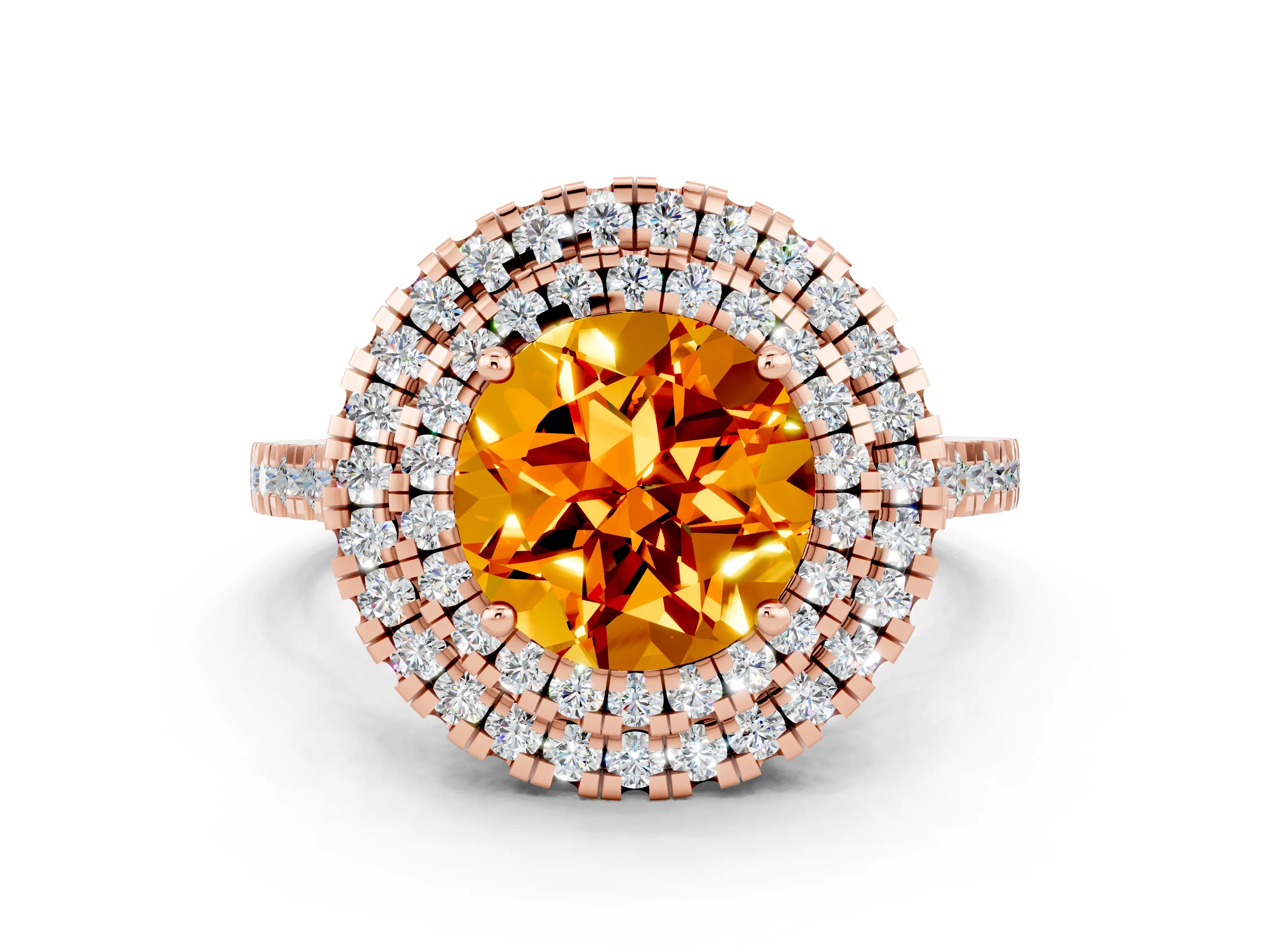 Rose gold Double Halo Round Cut Citrine Pavé Band with Four-Prong Setting