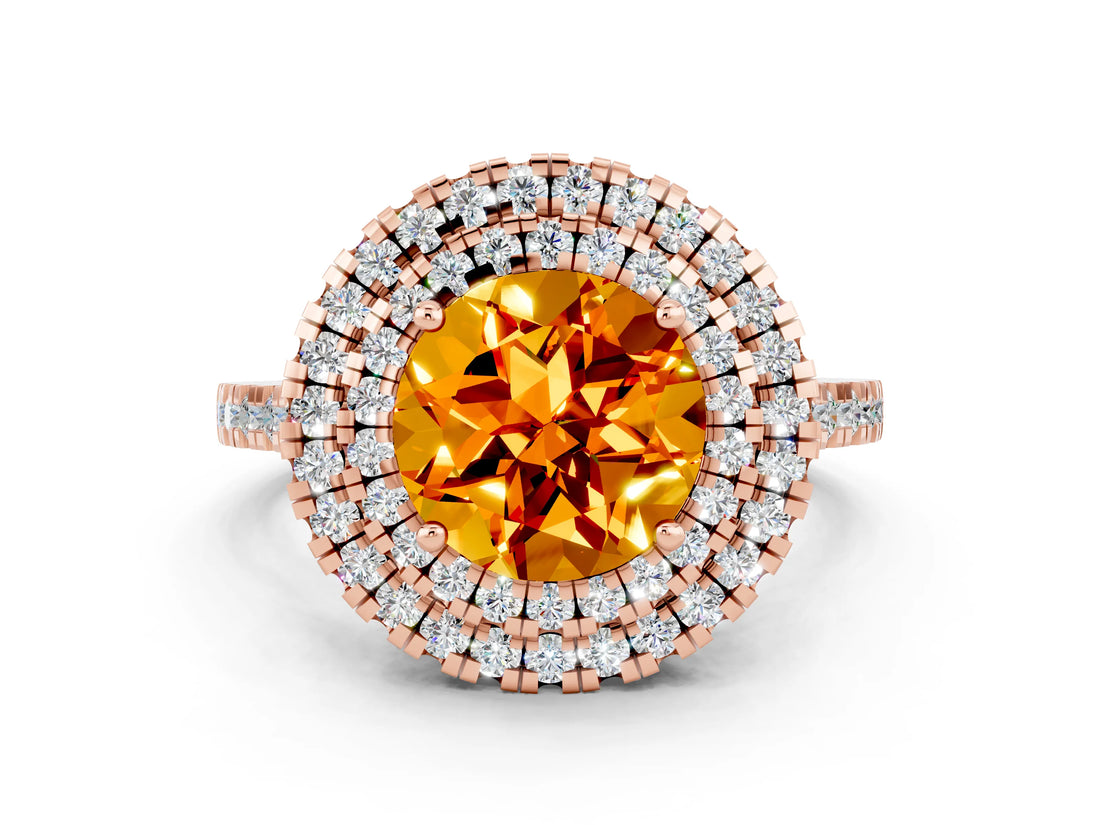 Rose gold Double Halo Round Cut Citrine Pavé Band with Four-Prong Setting