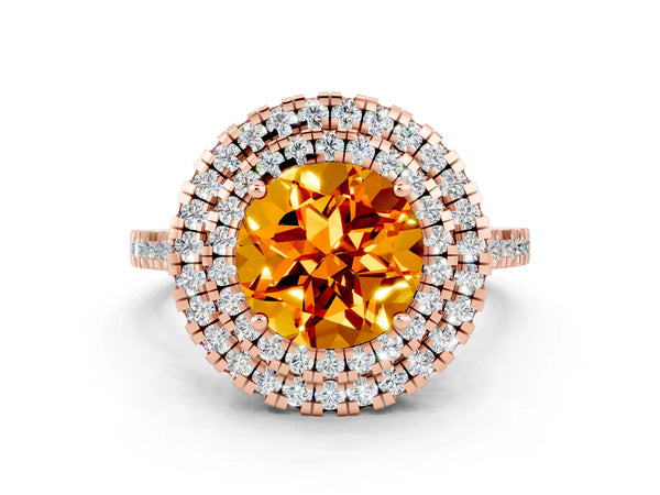 Rose gold Double Halo Round Cut Citrine Pavé Band with Four-Prong Setting