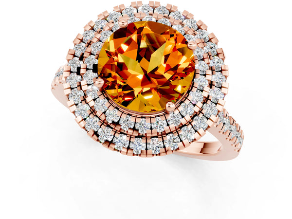 Rose gold Double Halo Round Cut Citrine Pavé Band with Four-Prong Setting