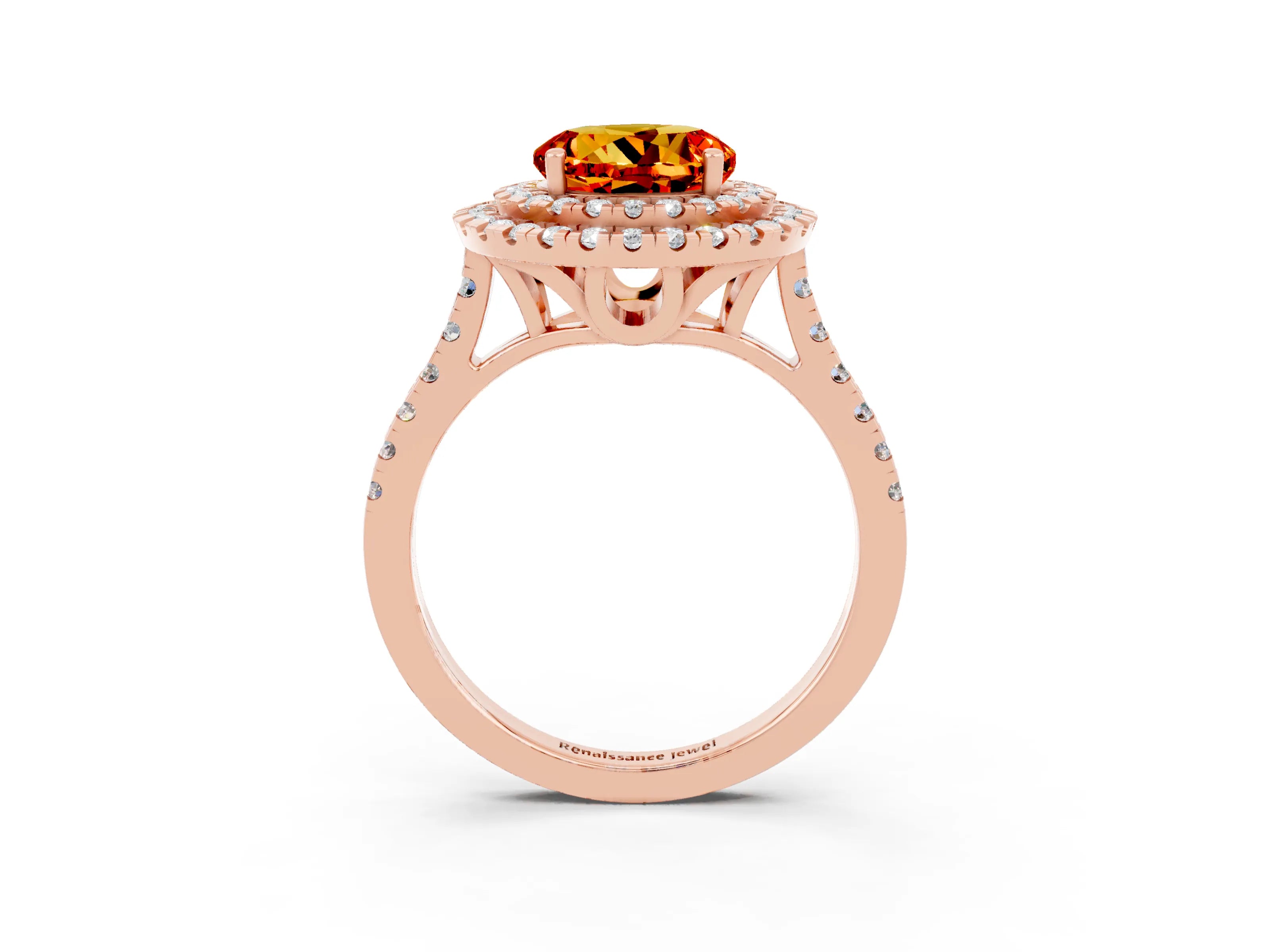 Rose gold Double Halo Round Cut Citrine Pavé Band with Four-Prong Setting_3