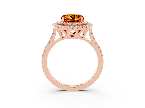 Rose gold Double Halo Round Cut Citrine Pavé Band with Four-Prong Setting