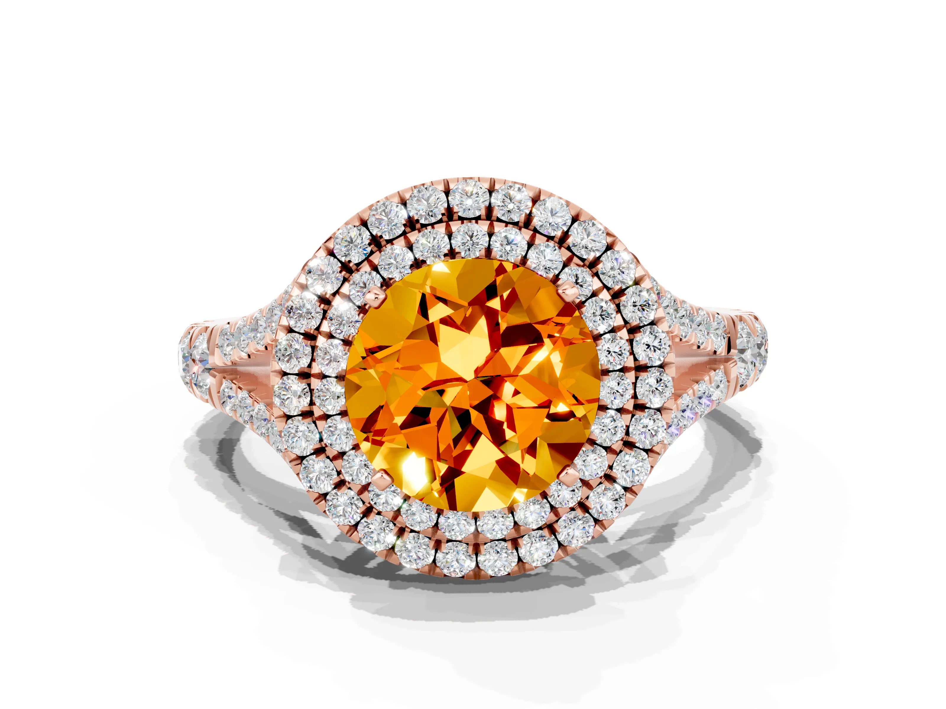 Rose gold Double Halo Round Cut Citrine Pavé Split Shank Ring with Prong Setting