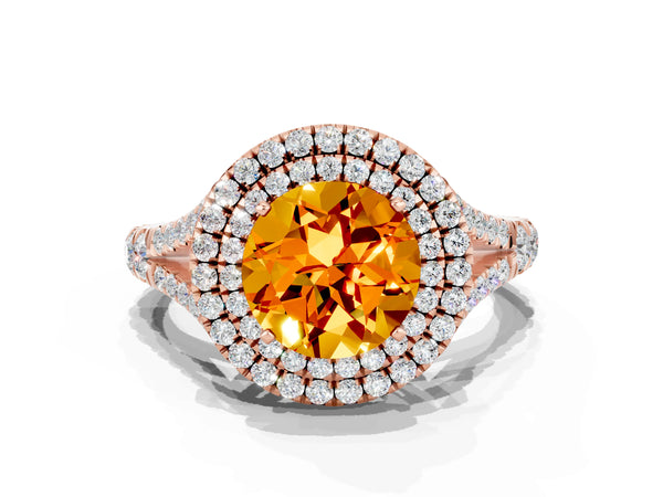 Rose gold Double Halo Round Cut Citrine Pavé Split Shank Ring with Prong Setting