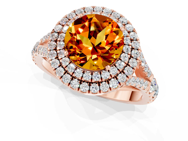 Rose gold Double Halo Round Cut Citrine Pavé Split Shank Ring with Prong Setting