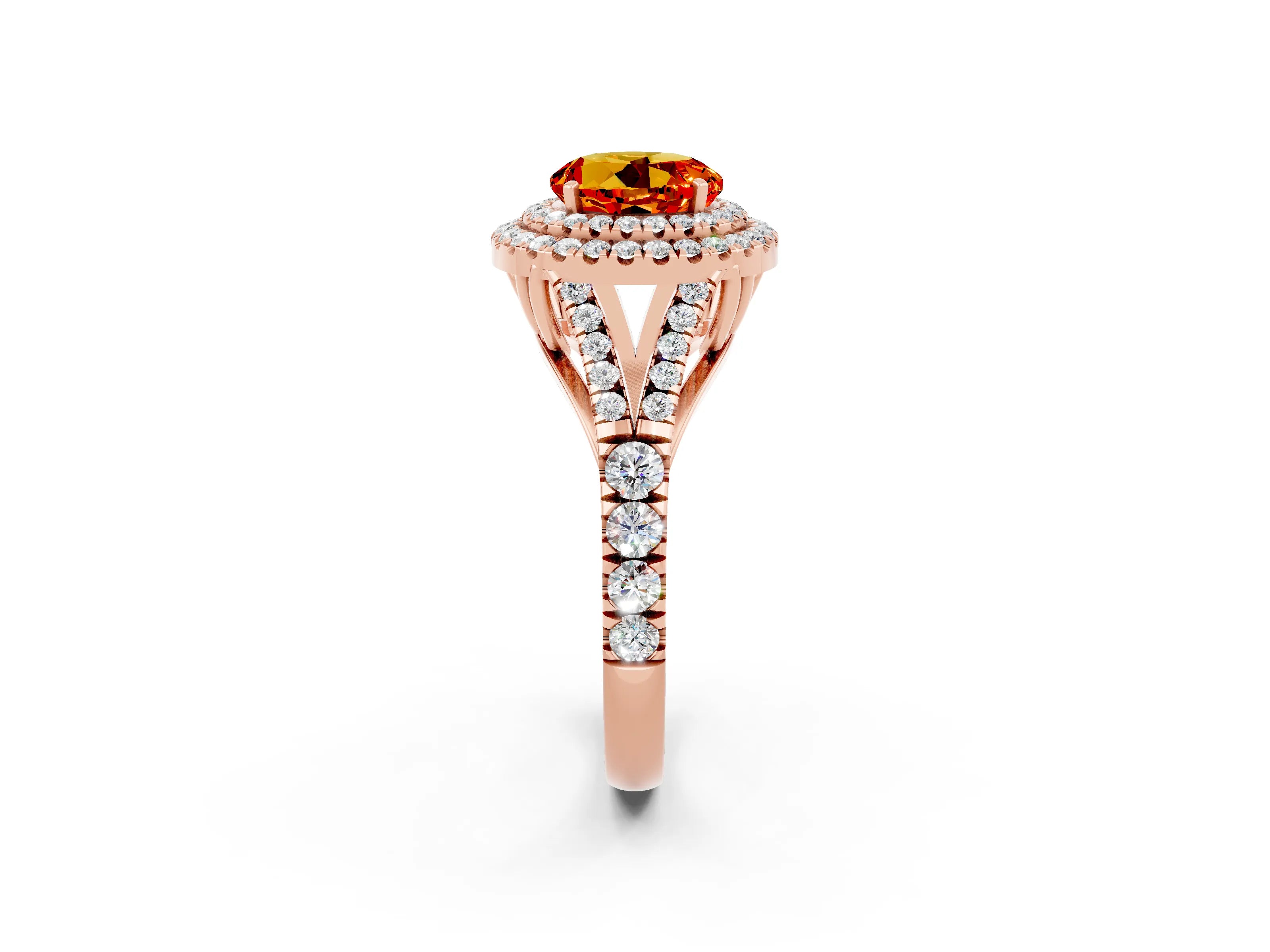 Rose gold Double Halo Round Cut Citrine Pavé Split Shank Ring with Prong Setting_2