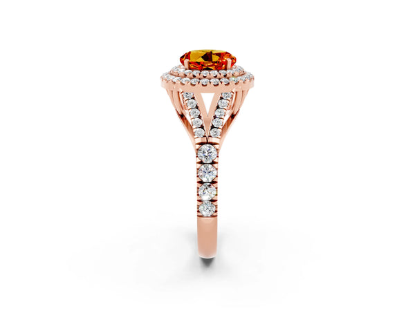 Rose gold Double Halo Round Cut Citrine Pavé Split Shank Ring with Prong Setting