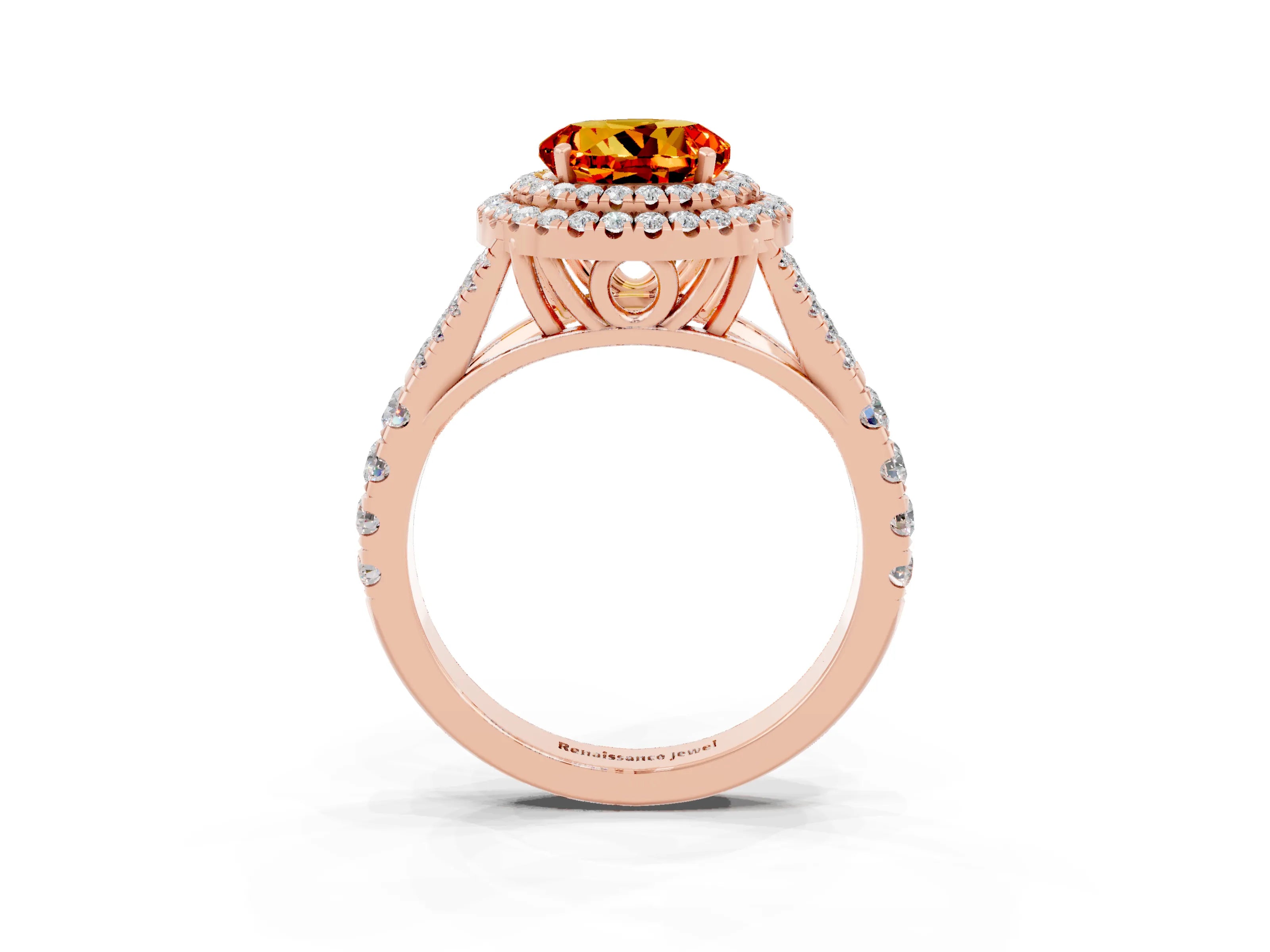 Rose gold Double Halo Round Cut Citrine Pavé Split Shank Ring with Prong Setting_3
