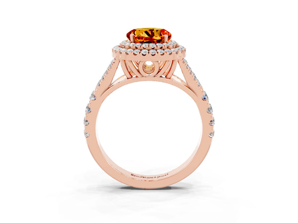 Rose gold Double Halo Round Cut Citrine Pavé Split Shank Ring with Prong Setting