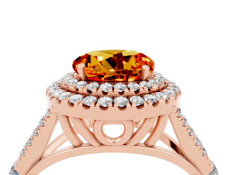 Rose gold Double Halo Round Cut Citrine Pavé Split Shank Ring with Prong Setting_4