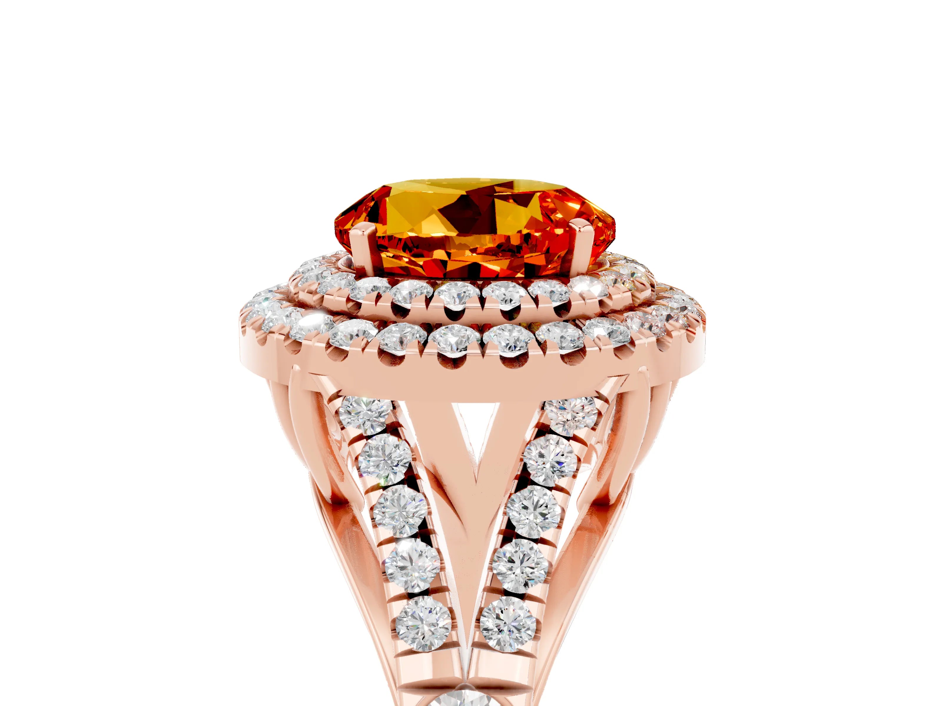Rose gold Double Halo Round Cut Citrine Pavé Split Shank Ring with Prong Setting_5