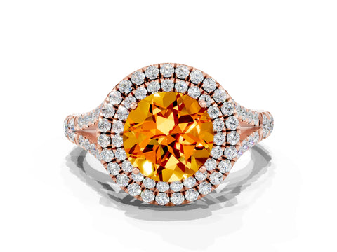 Rose gold Double Halo Round Cut Citrine Pavé Split Shank Ring with Prong Setting