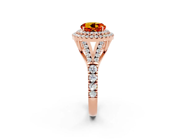 Rose gold Double Halo Round Cut Citrine Split Shank Engagement Ring with Four-Prong Setting