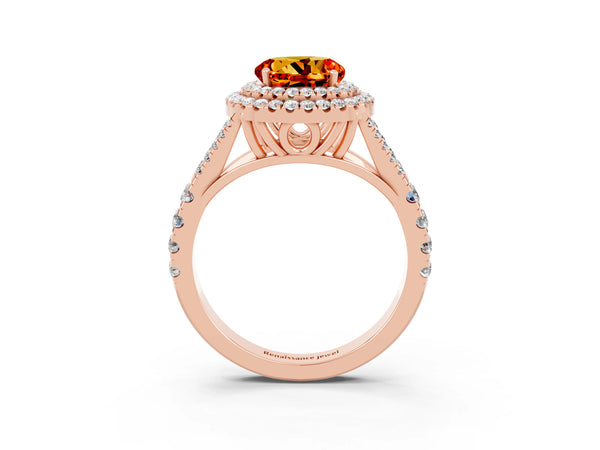 Rose gold Double Halo Round Cut Citrine Split Shank Engagement Ring with Four-Prong Setting