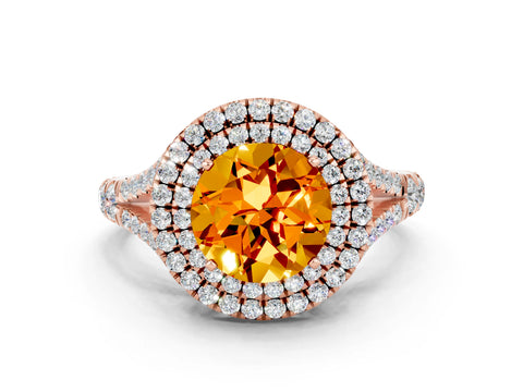Rose gold Double Halo Round Cut Citrine Split Shank Engagement Ring with Four-Prong Setting