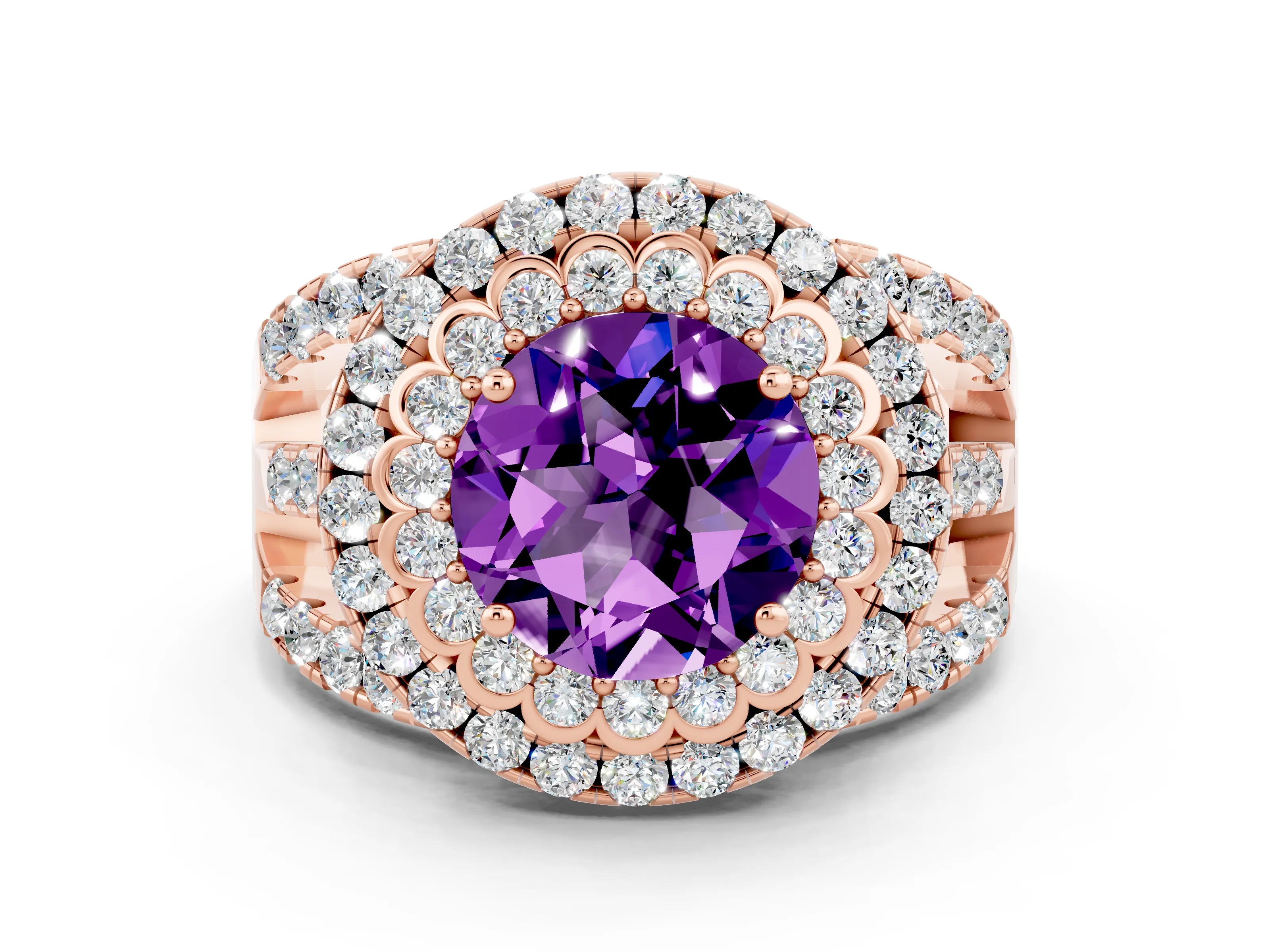 Rose gold Double Halo Round Cut Diamond Split Shank Pave Set Ring