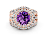 Rose gold Double Halo Round Cut Diamond Split Shank Pave Set Ring