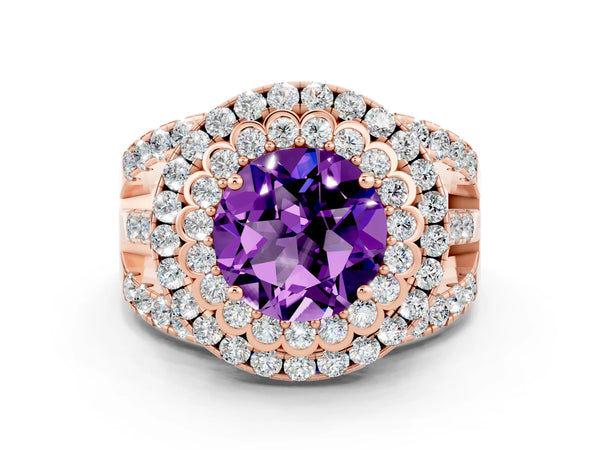 Rose gold Round Cut Amethyst Double Halo Ring with Round Pavé Split Shank and Prong Setting