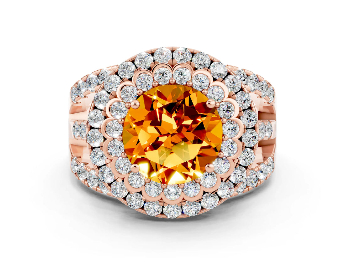 Rose gold Double Halo Round Cut Diamond Split Shank Pave Set Ring