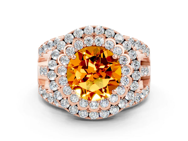 Rose gold Round Cut Citrine Double Halo Ring with Round Pavé Split Shank and Prong Setting
