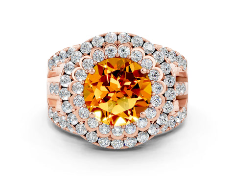 Rose gold Double Halo Round Cut Diamond Split Shank Pave Set Ring