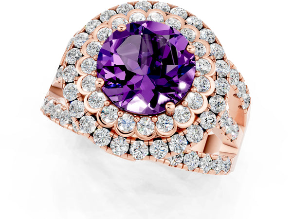 Rose gold Round Cut Amethyst Double Halo Ring with Round Pavé Split Shank and Prong Setting