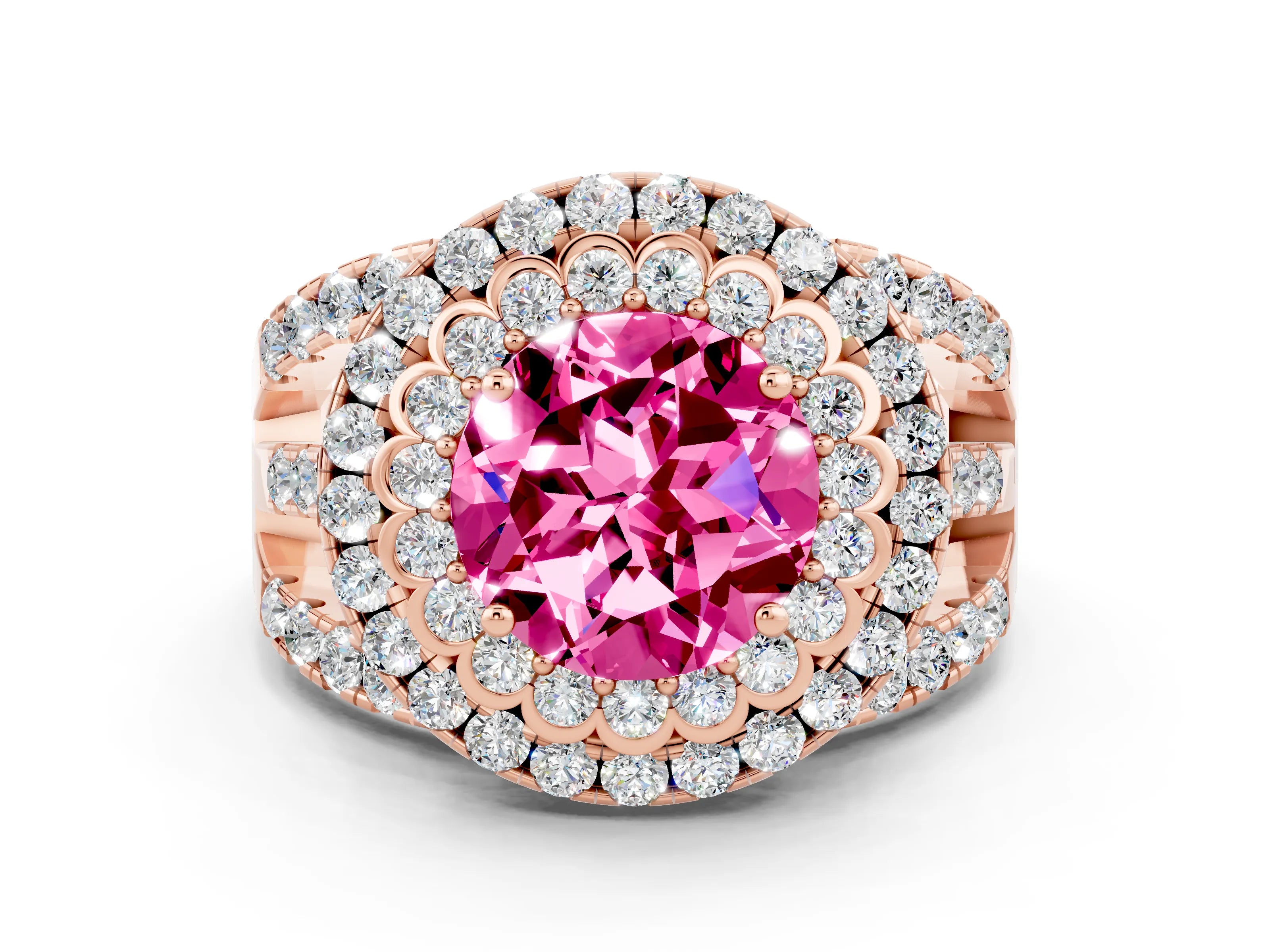Rose gold Double Halo Round Cut Diamond Split Shank Pave Set Ring