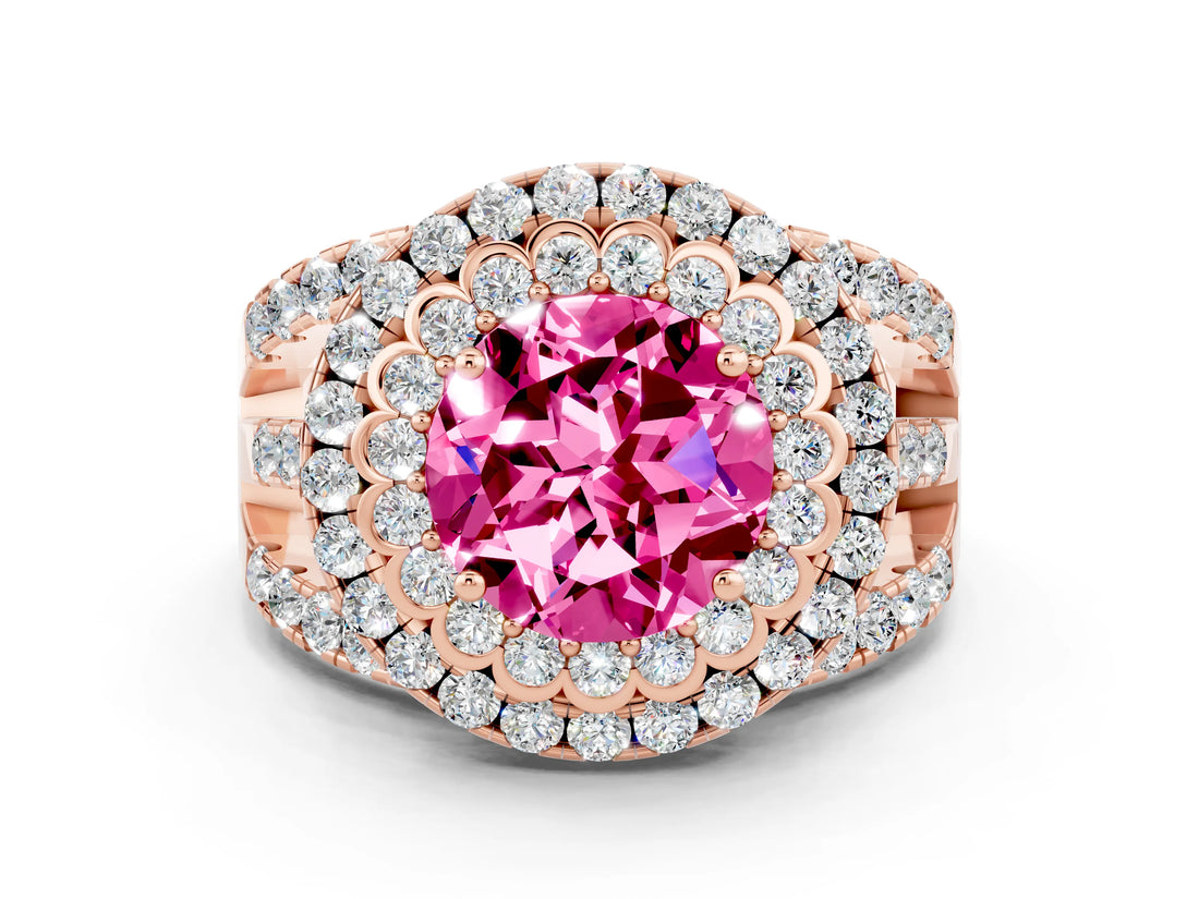 Rose gold Double Halo Round Cut Diamond Split Shank Pave Set Ring
