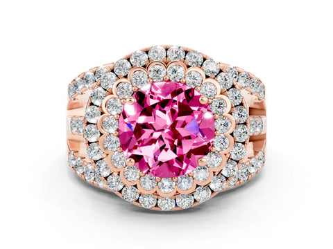 Rose gold Double Halo Round Cut Diamond Split Shank Pave Set Ring