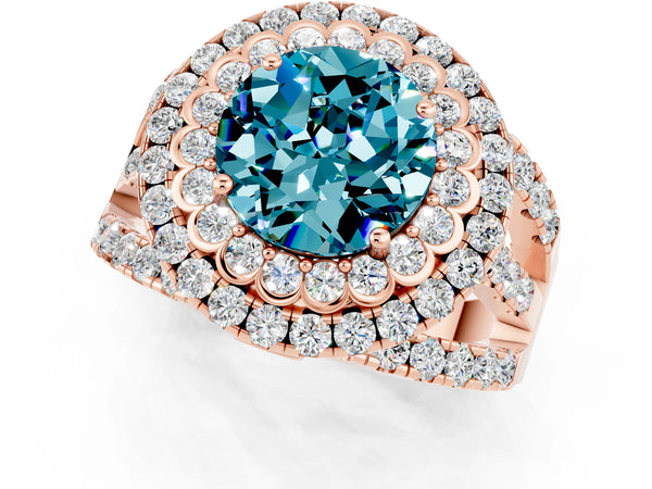Rose gold Double Halo Round Cut Diamond Split Shank Pave Set Ring