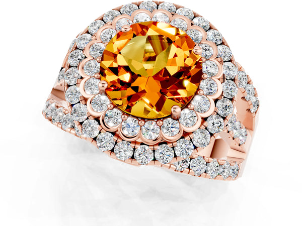 Rose gold Round Cut Citrine Double Halo Ring with Round Pavé Split Shank and Prong Setting