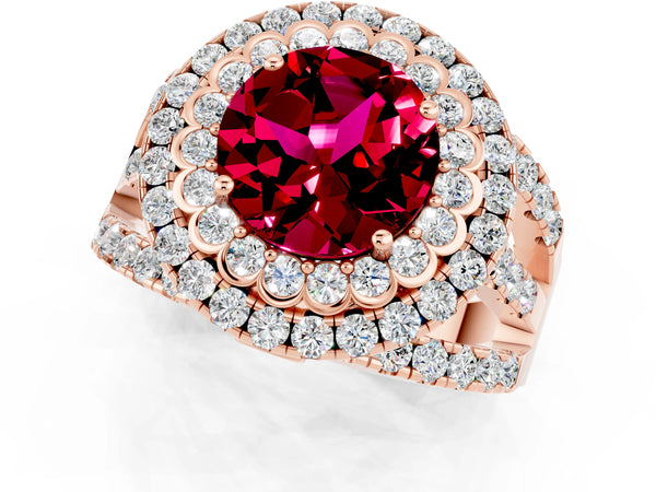 Rose gold Round Cut Garnet Double Halo Ring with Round Pavé Split Shank and Prong Setting