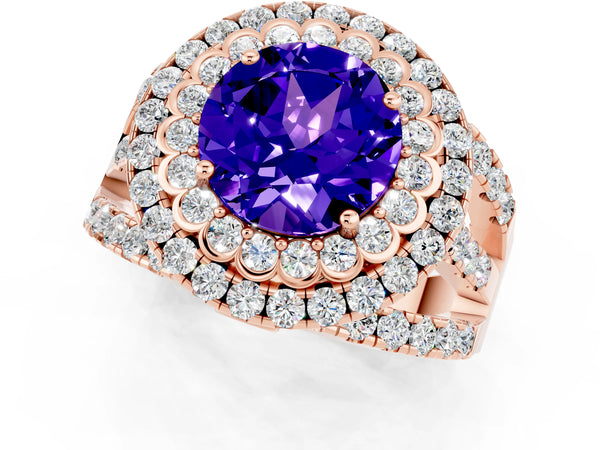 Rose gold Round Cut Tanzanite Double Halo Ring with Round Pavé Split Shank and Prong Setting