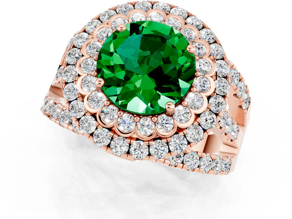 Rose gold Round Cut Emerald Double Halo Ring with Round Pavé Split Shank and Prong Setting